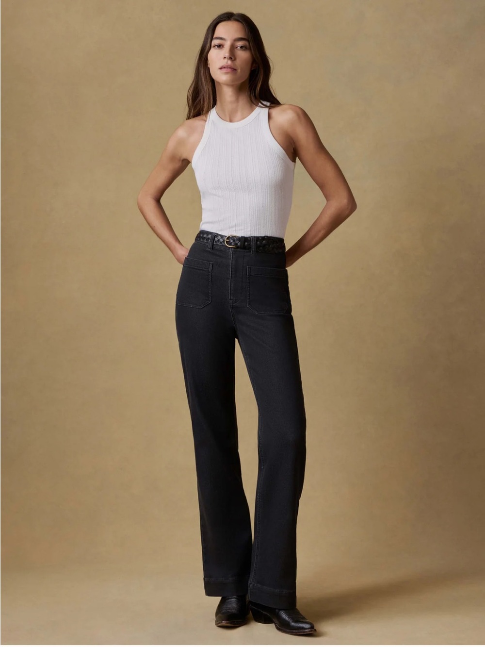 Faherty Terry Patch Pocket Wide Leg Stretch Pant Onyx Boho 70s Retro Sz 28